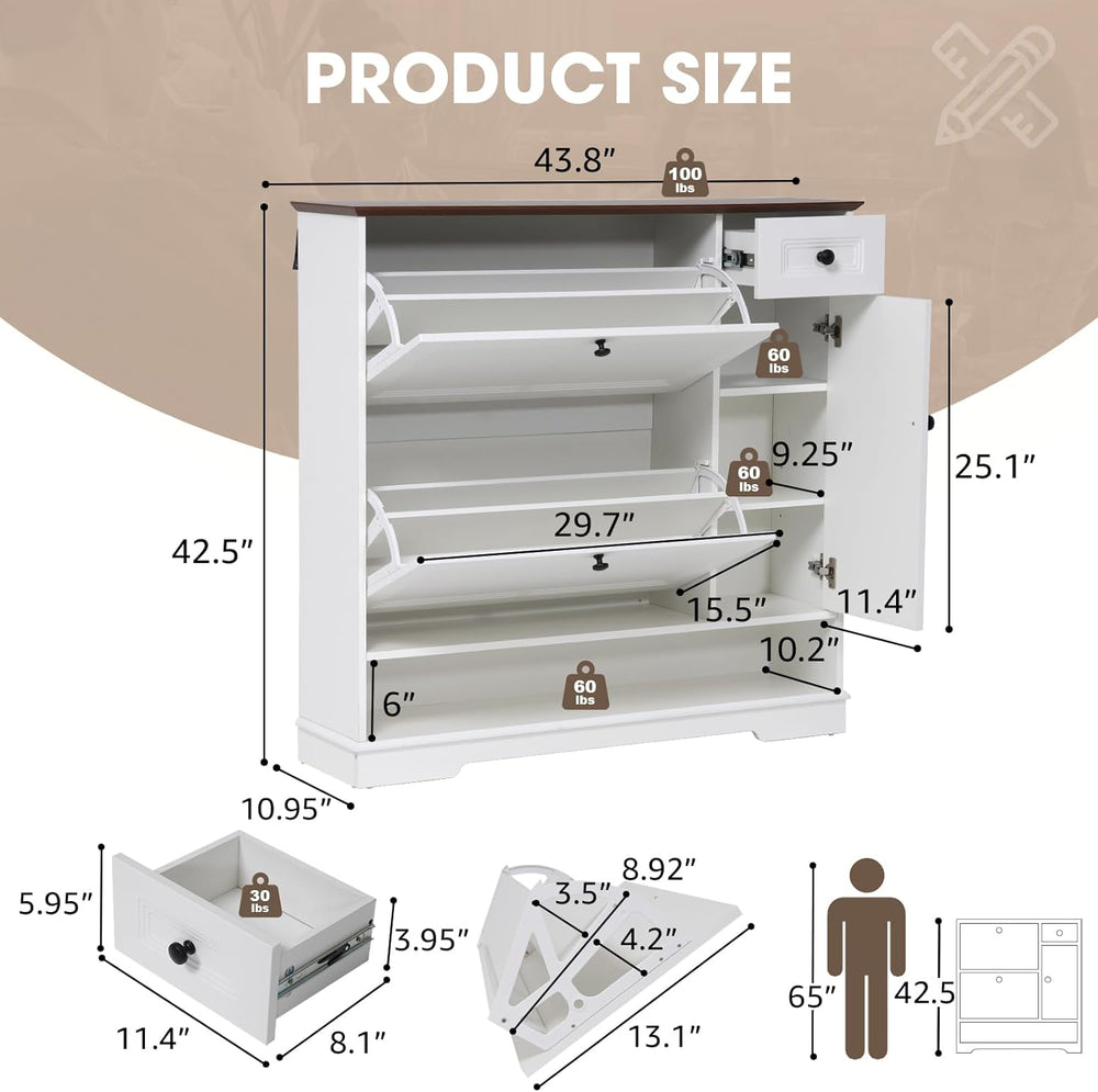 Patiorama Shoe Cabinet Set of 2 with 2 Flip Drawers, Side Cabinet, White