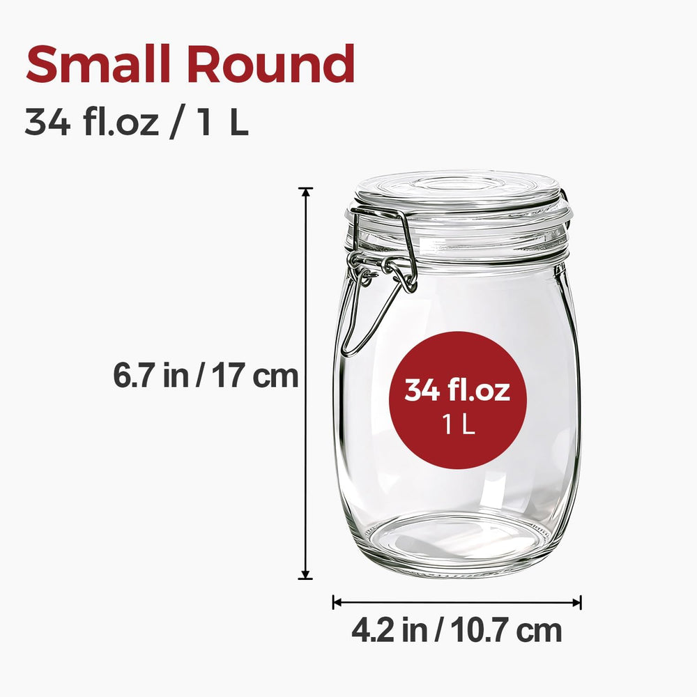 Glass Jars with Airtight Lids 34 oz 6 Pack Food Storage Pantry Round