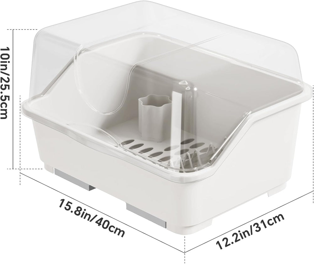 Tomorotec Plastic Dish Drying Rack & Drain Board with Lid Cover Light White