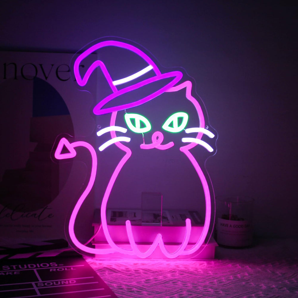 Pink Cat with Witch Hat Neon Sign Halloween LED Light for Room Party Decor