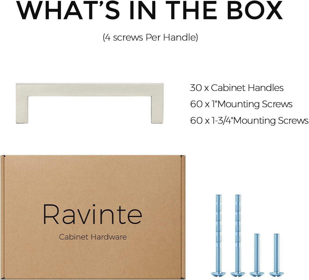 Ravinte Brushed Nickel Square Solid Cabinet Handles, 3-3/4 Inch, 30 Pack