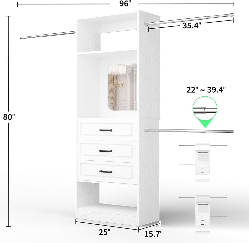 Unikito 48" - 96" W Closet System with Mirror and 3 Extendable Hang...