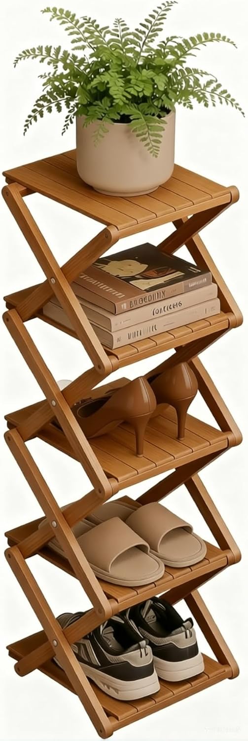 Bamboo Shoe Rack - No Assembly Required, Tall Narrow Foldable Shoe Organizer,...