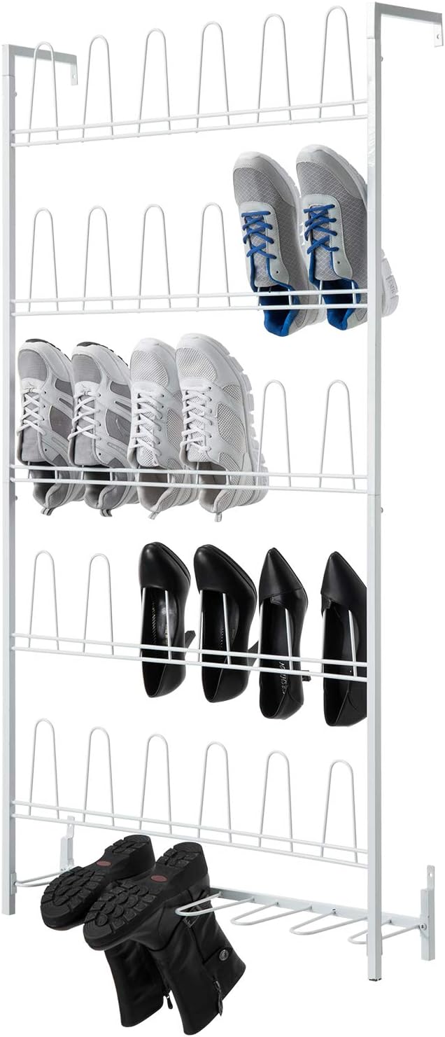 MyGift Matte White Metal Wall Mounted Shoe Rack, Holds 18 Pairs