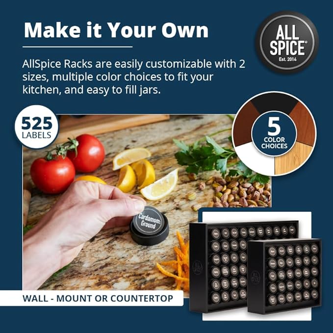AllSpice Spice Rack Organizer, 525 Unique Labels, Countertop or Wall Mount
