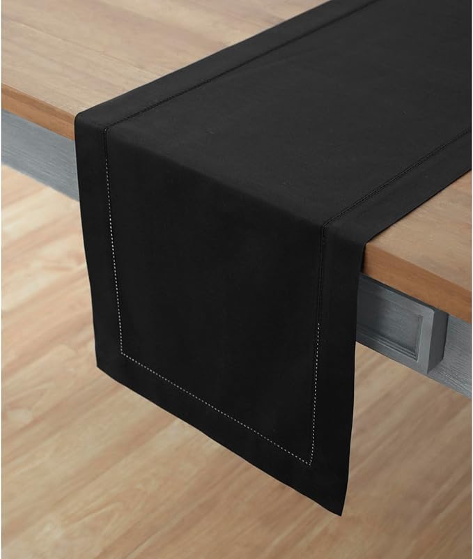 Solino Home Black Hemstitch Table Runner 60 Inches - Cotton Linen Small Table...