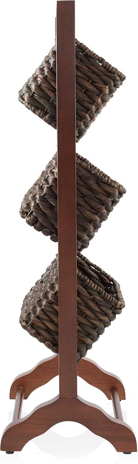Casafield 3-Tier Floor Stand with Water Hyacinth Storage Baskets, Walnut/Espr...