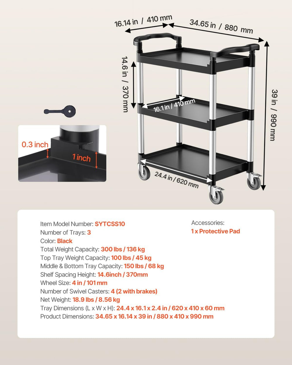 VEVOR Utility Cart, 300 lbs Load Capacity, 3-Tier Utility Plastic Cart with 3...