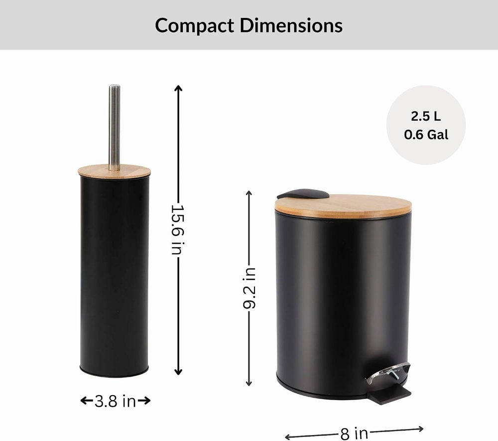Bathroom Set w/Bamboo Lid, Metal Trash Can & Toilet Brush, 2.5L Bin, Black