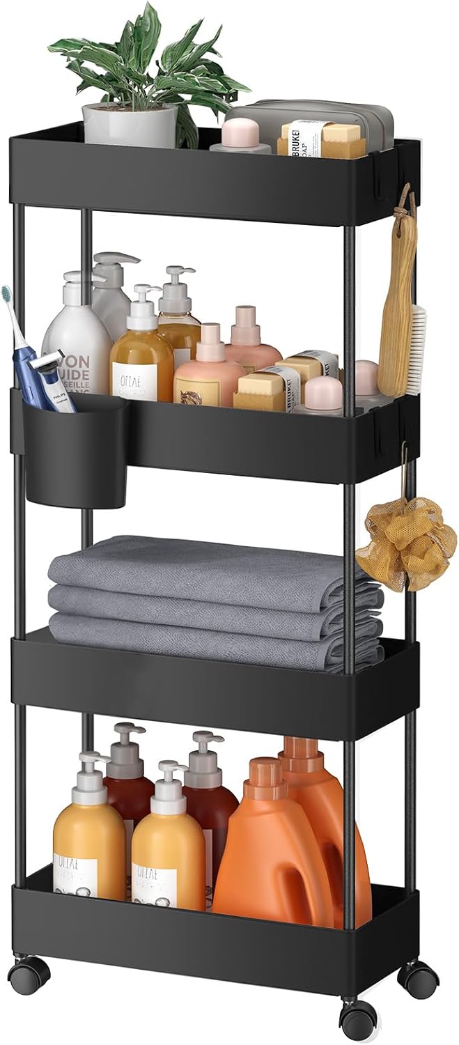 Pipishell 4 Tier Slim Storage Cart with Wheels, Laundry Cart, Black