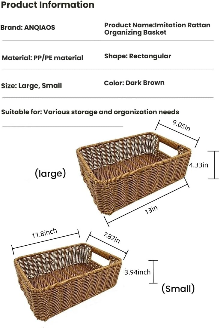 Wicker Storage Baskets for Shelves (Set of 2, Brown) Washable and Durable