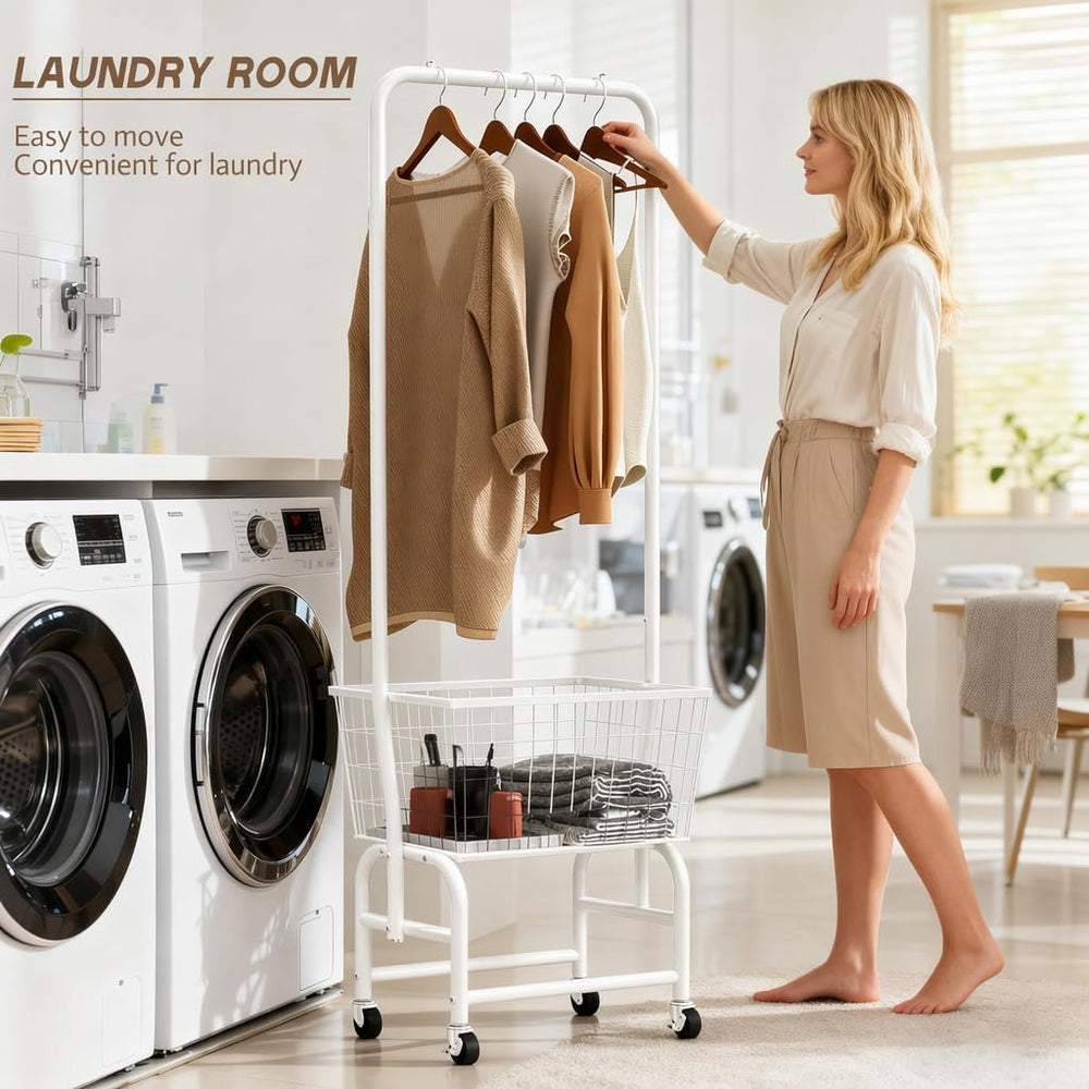 ALIMORDEN Rolling Laundry Cart with Hanging Rack & Metal Basket, White