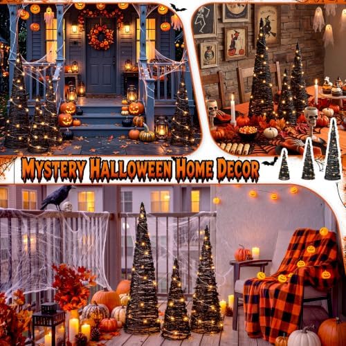 Jenaai 3 Lighted Halloween Rattan Trees 24" 16" 12", Cone Tree...