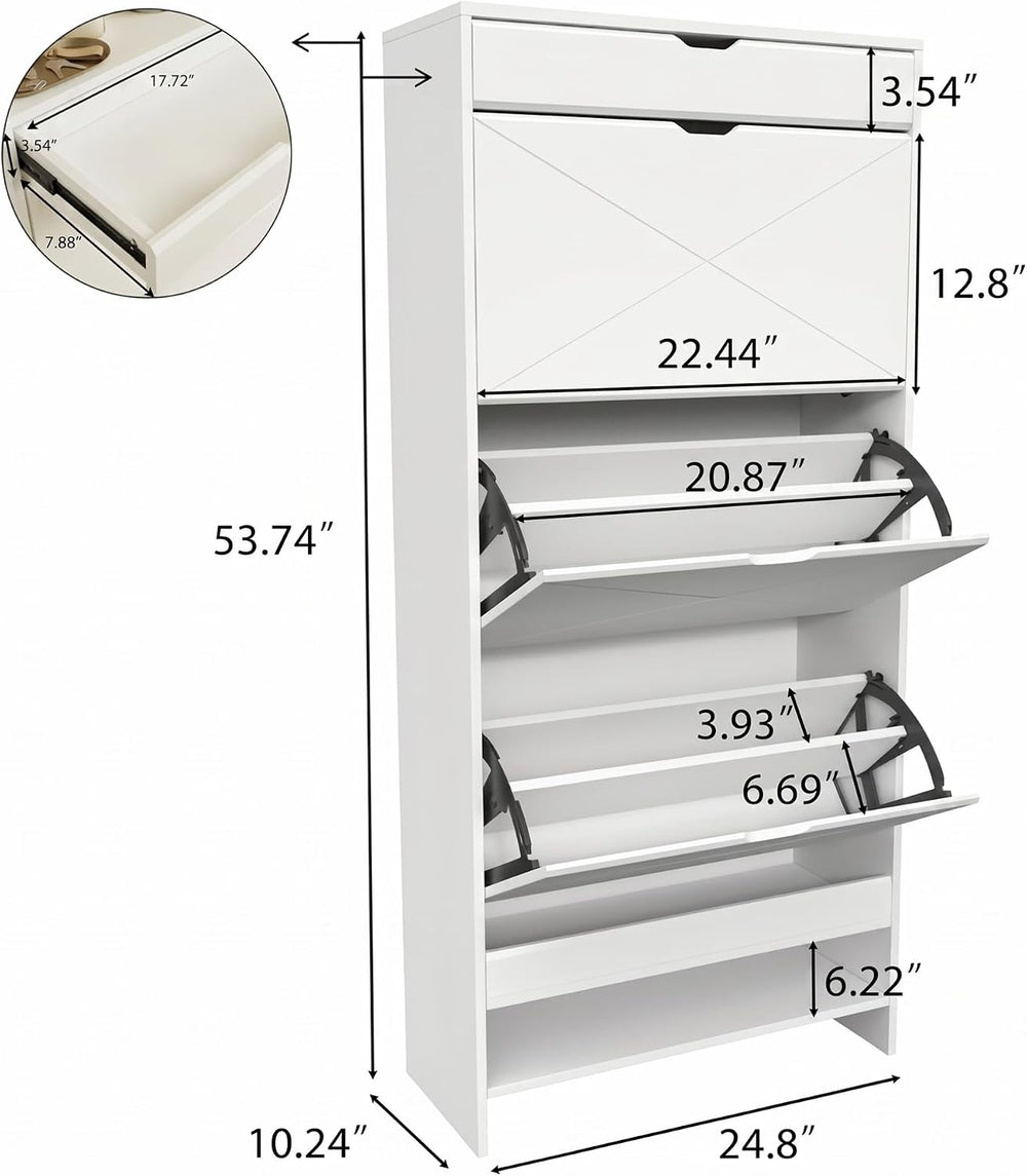 Slim White Shoe Cabinet with 3 Flip Drawers & X-Design for Entryway (21 P...