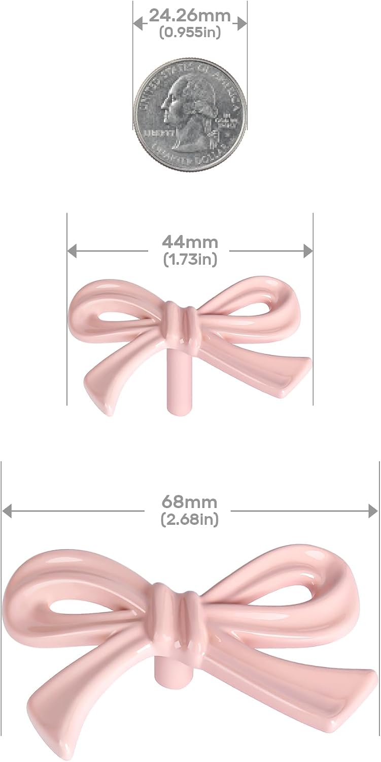 8 Pack Large Pink Bow Dresser Cabinet Knobs, 2.7 Inches