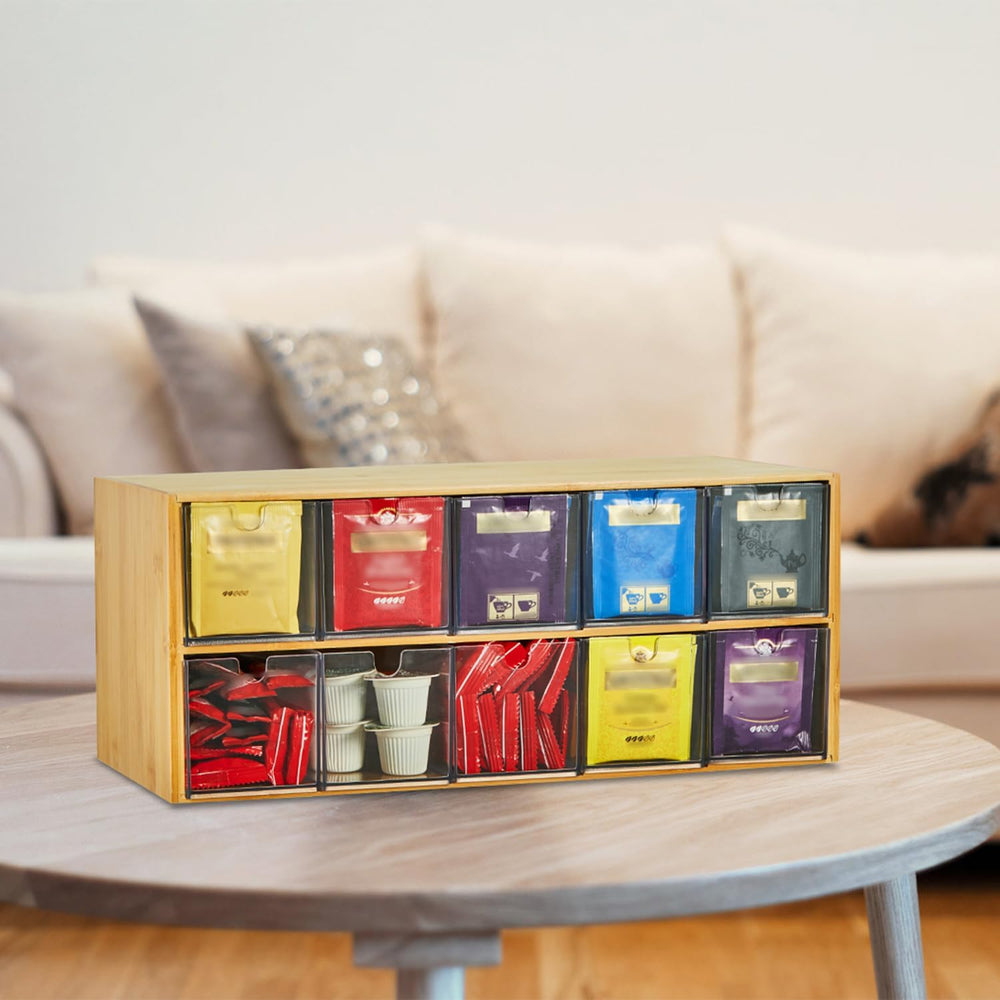 TIMIEEYA Tea Bag Organizer - Bamboo Tea Storage Organizer With Drawer 2 Layer...