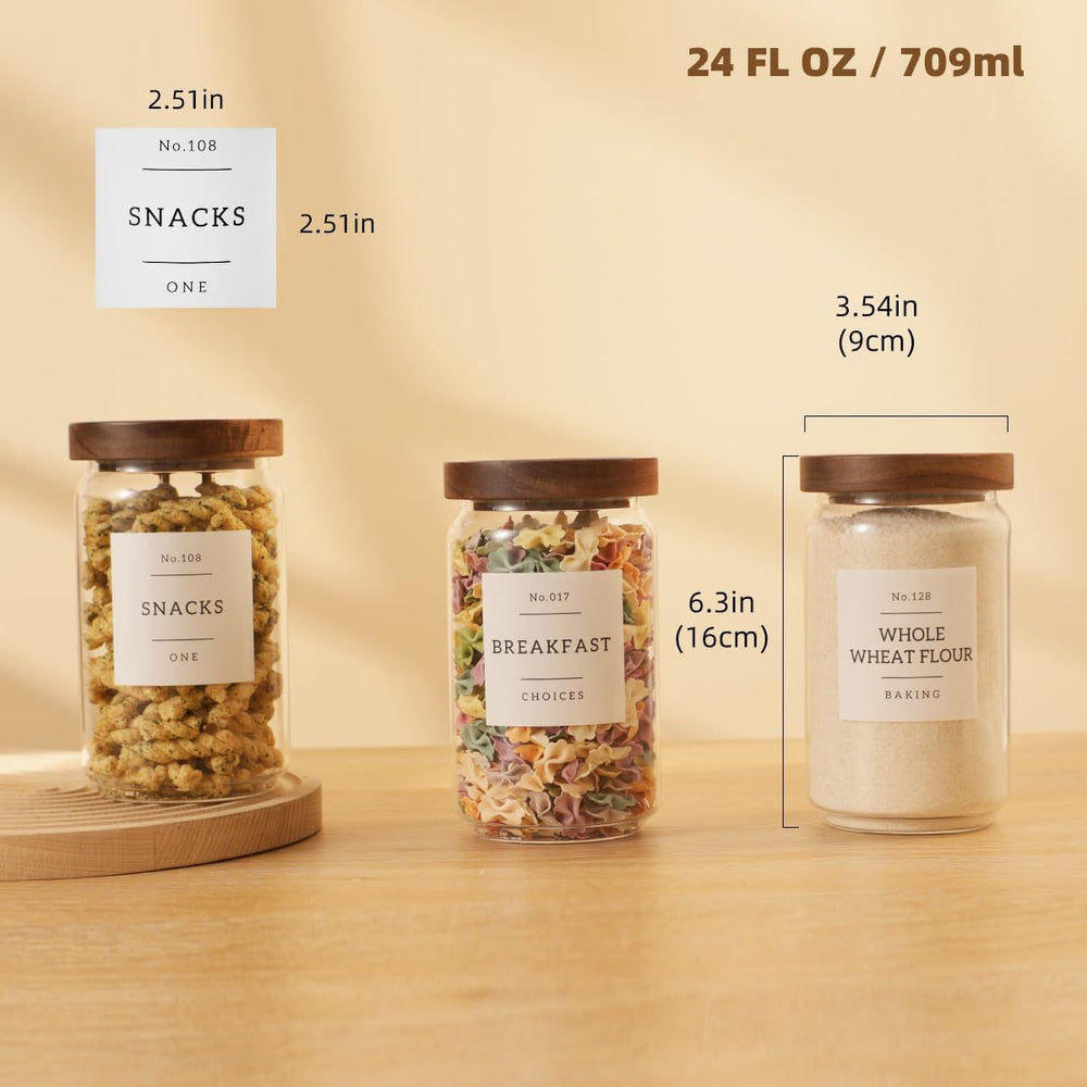 6 Pack Glass Canisters with Airtight Acacia Lids and 132 Kitchen Pantey Label...