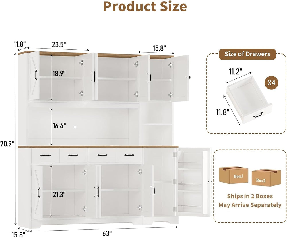 71" Tall Kitchen Pantry with LED Lights & Charging Station, Farmhous...
