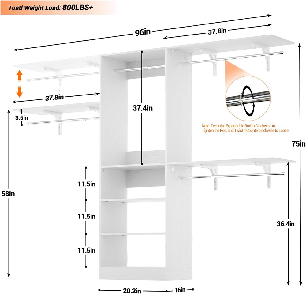 8FT Closet System with 3 Wooden Storage Shelves, 96'' Closet Organize...