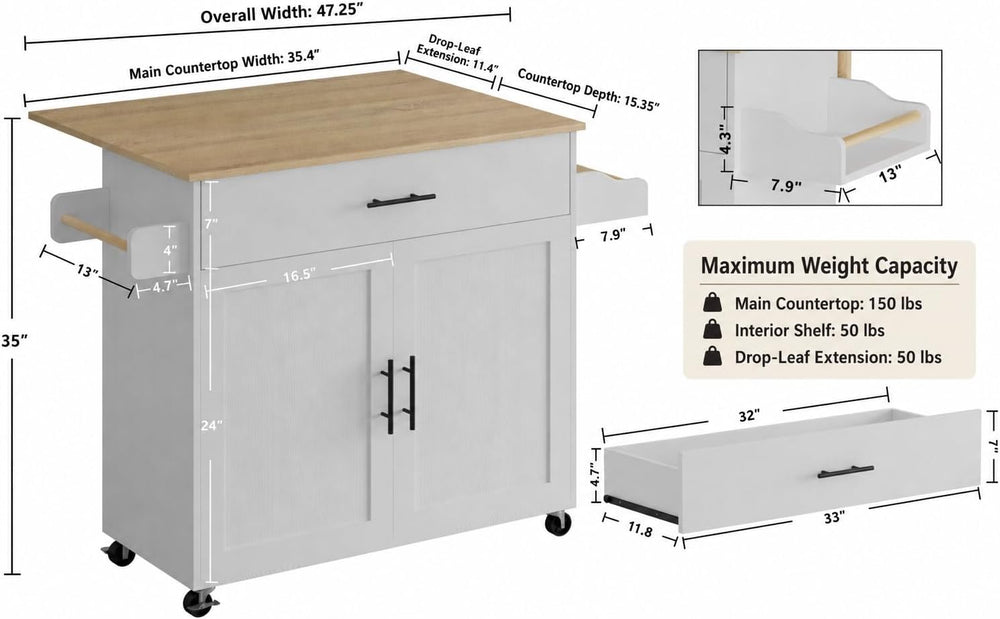 IRONCK Kitchen Island Table on Wheels with Drop Leaf, 47.25" Wide White