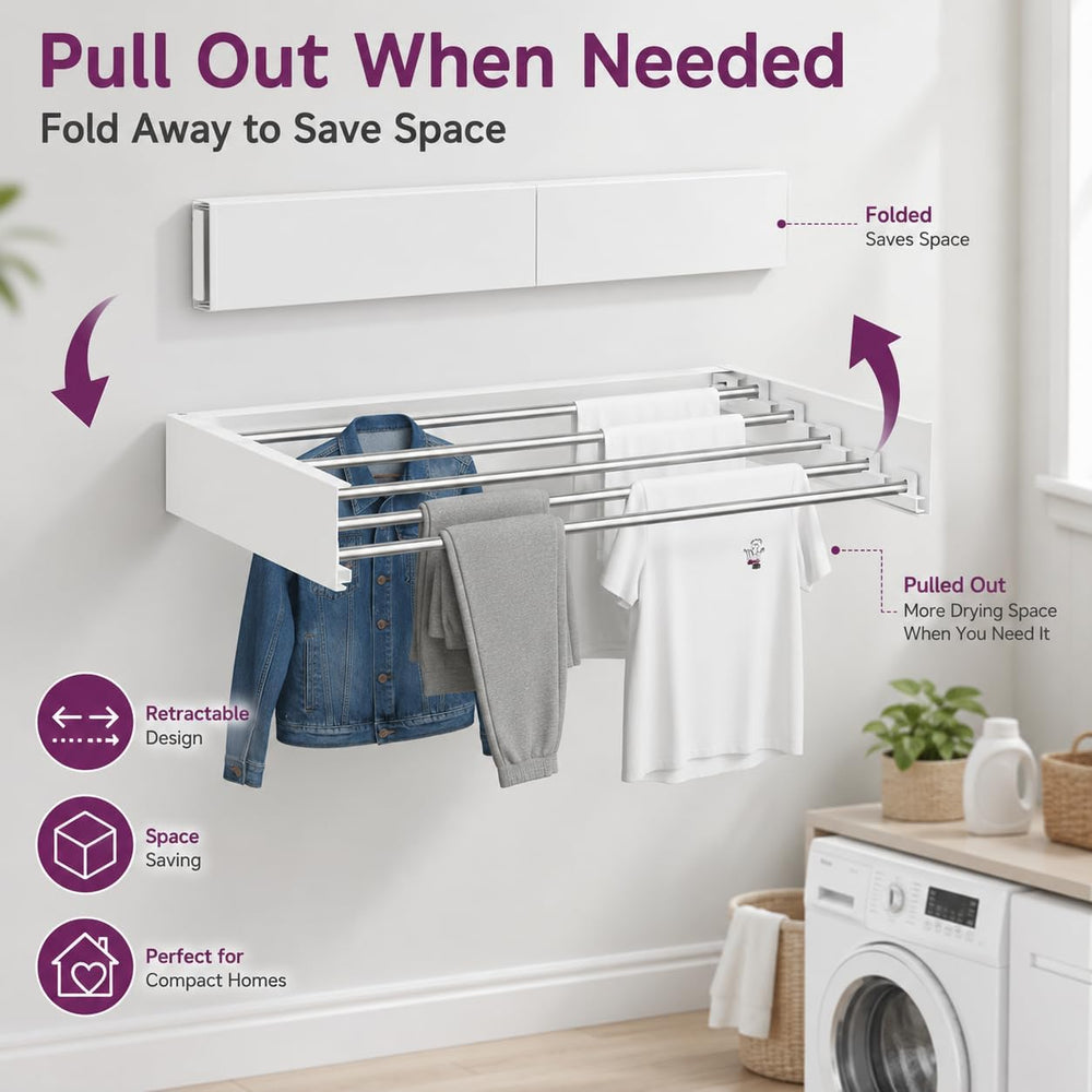 Wall Mounted Clothes Drying Rack, Foldable Retractable Laundry Rack with 5 Ro...