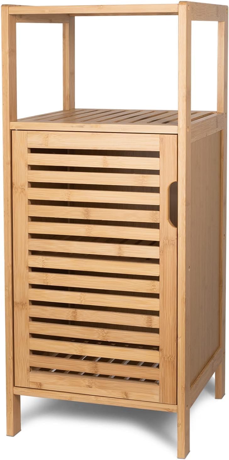 Bathroom Bamboo Storage Cabinet, Freestanding Floor Cabinet with Door Shelf