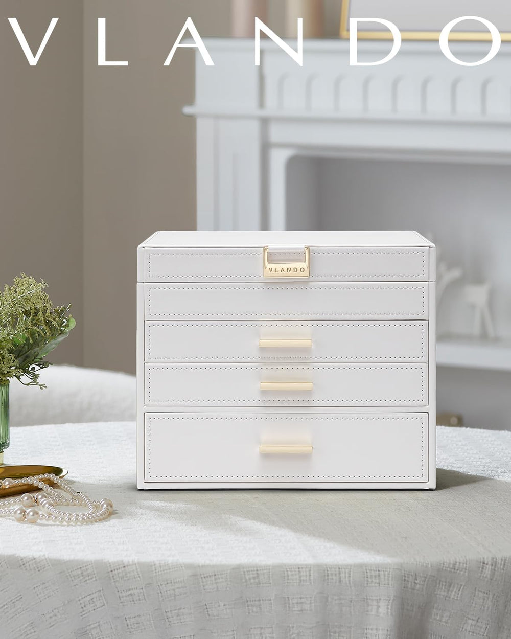 VLANDO Large Jewelry Box, 4 Layer Storage Organizer, Removable Dividers