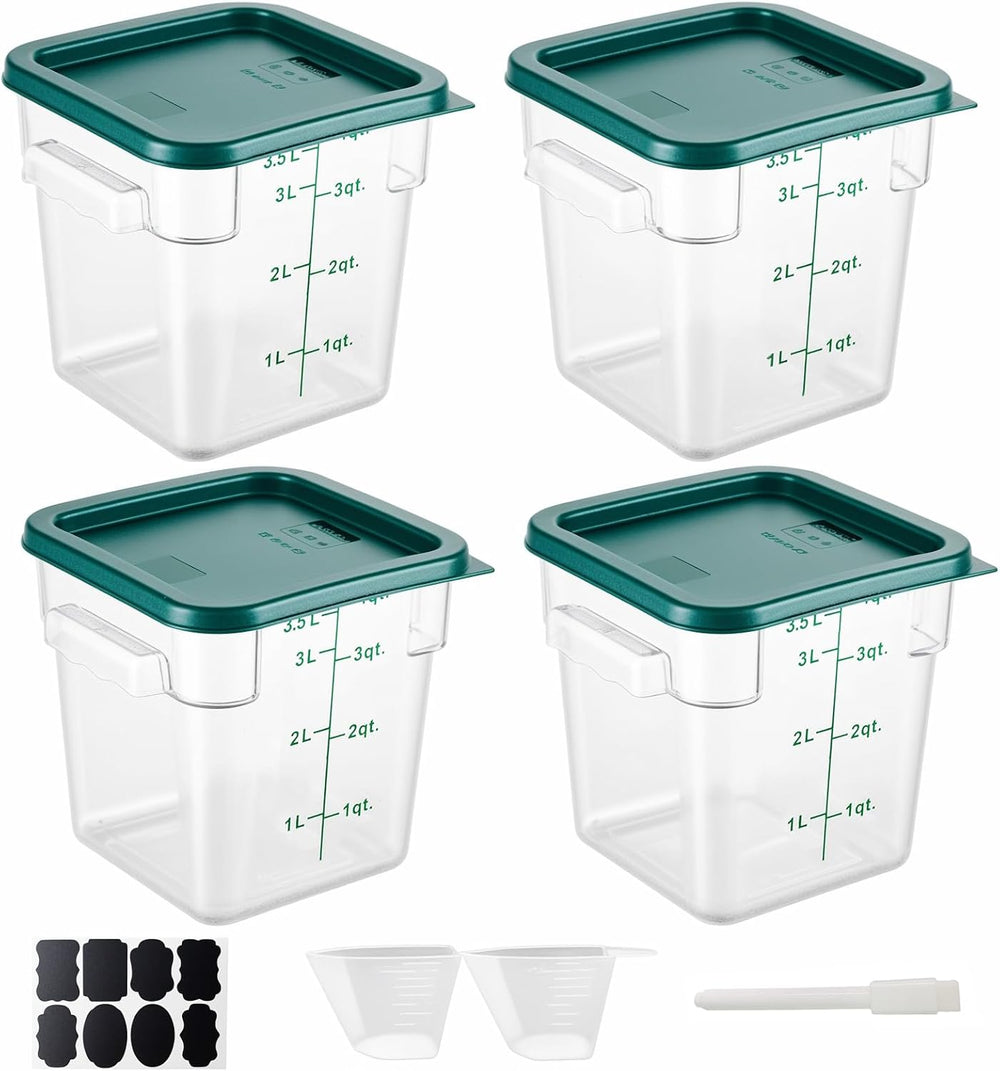 4 Pack 4QT Food Storage Containers with Green Lids - Square, Clear