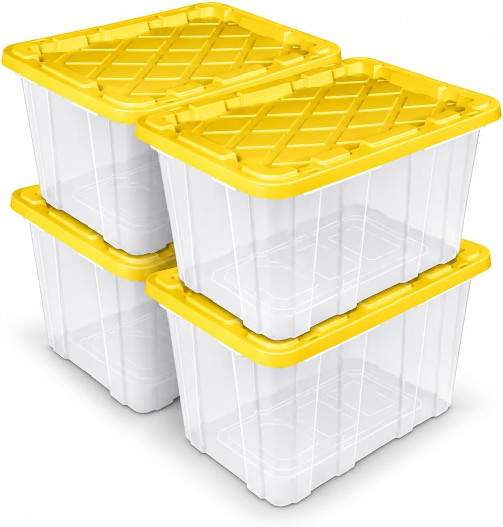 27 Gallon Clear Plastic Industrial Storage Tote, Snap Lid, Yellow, 4 Pack