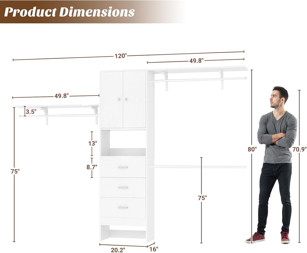 iSunirm 120" Heavy Duty Closet System with Cabinet Doors, 10FT Walk In C...