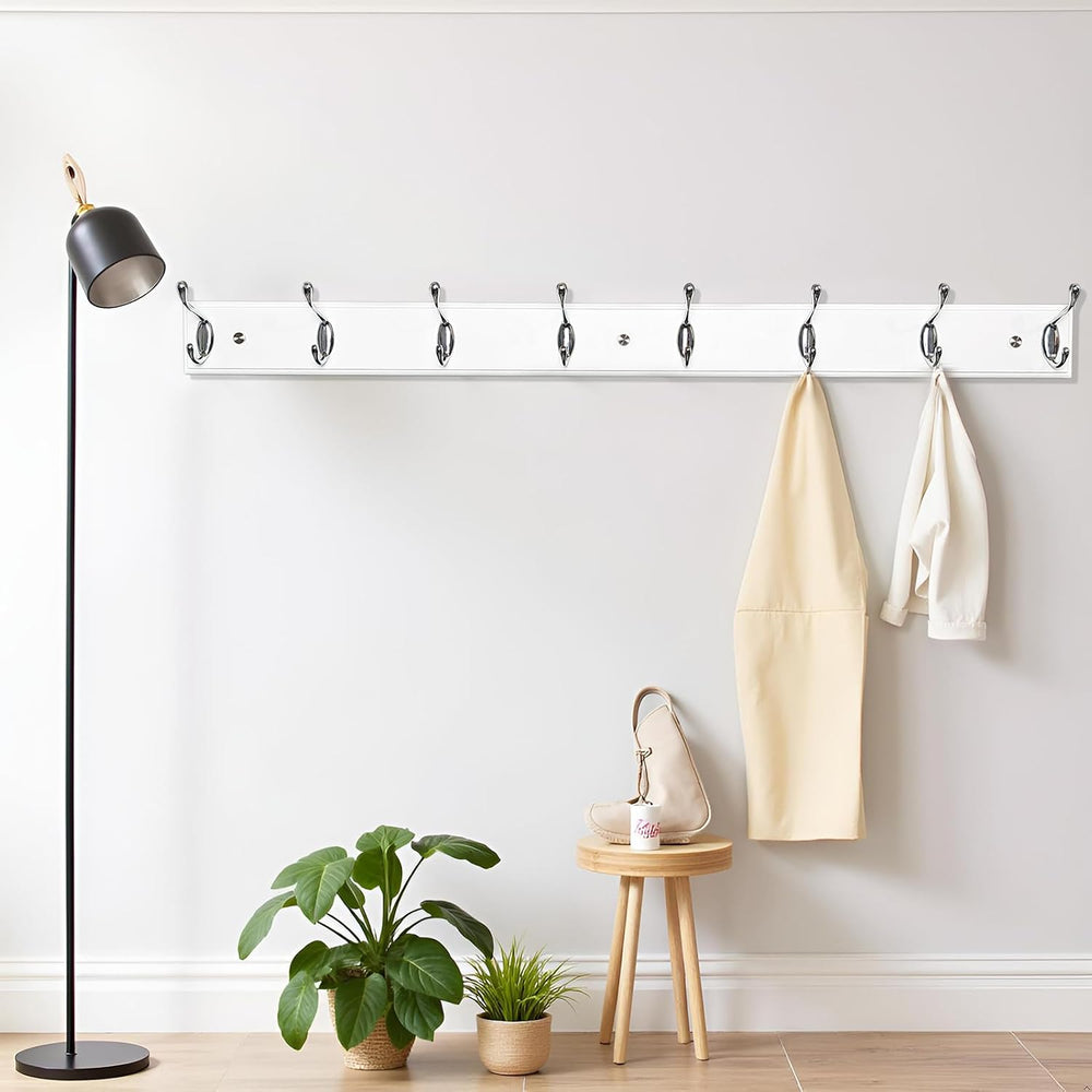 Wooden Wall Mounted Coat Rack 35 inch (90cm) with 8 Silver Hooks, Lang Wood W...