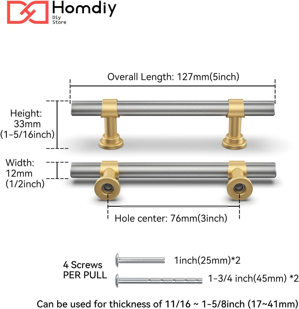 homdiy 10 Pack 3 Inch Hole Center Brushed Nickel and Gold Cabinet Pulls