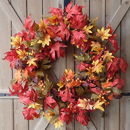 Idyllic 20 Inch Fall Wreath for Front Door - Maple Leaves Autumn Wreath for T...
