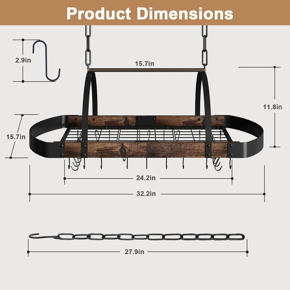 Hanging Pot Rack, 32-Inch Ceiling Pot Rack, 16 S Hooks, 100 lb Capacity