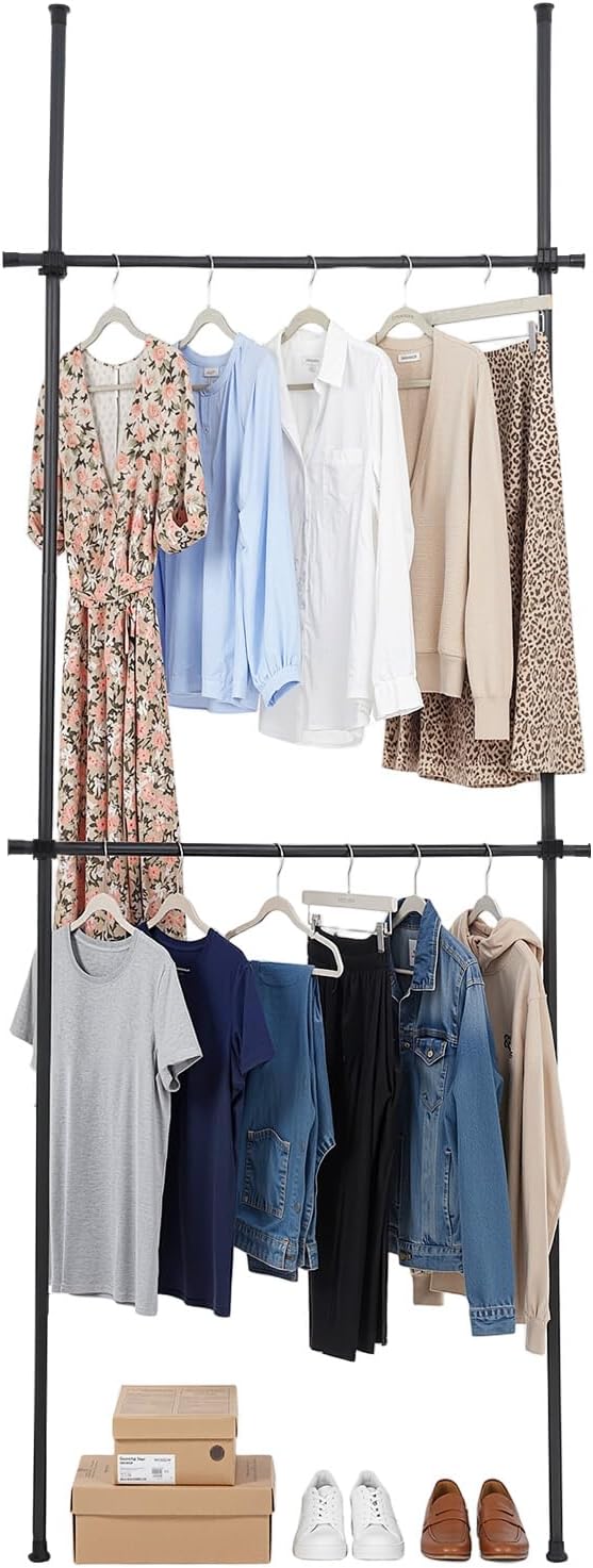 Floor to Ceiling Clothes Rack, Heavy-Duty Telescopic Garment Rack, 2-Tier Adj...