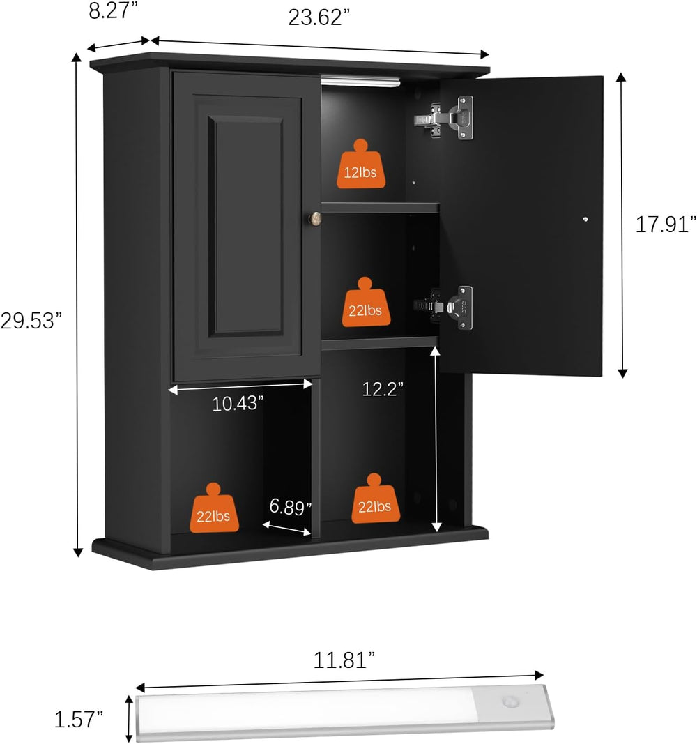 HAIOOU Bathroom Wall Cabinet with Motion Sensor Light, 23.6 Inch - Black