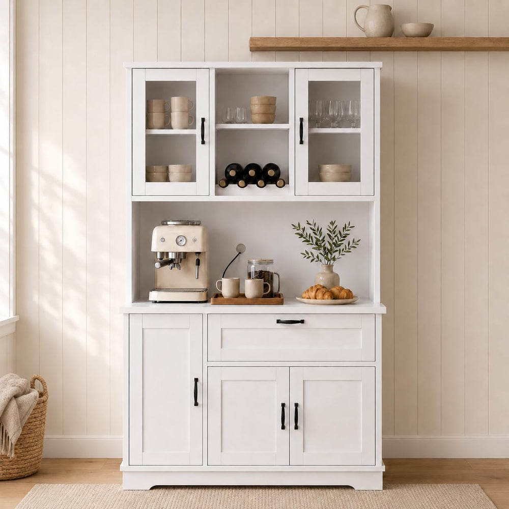 Nuturelly 68" Tall Kitchen Pantry Cabinet with Microwave Stand, White