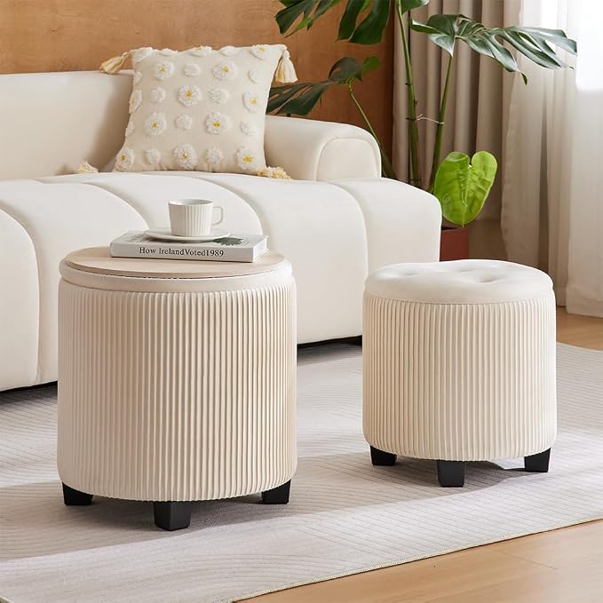 Big Round Ottoman with Storage Set of 2, Upholstered Velvet Vanity Stool