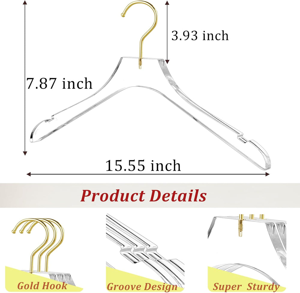 Acrylic Hangers 30 Pack,Clear Crystal Hanger with Gold Hook 15.55 Inch,Premiu...