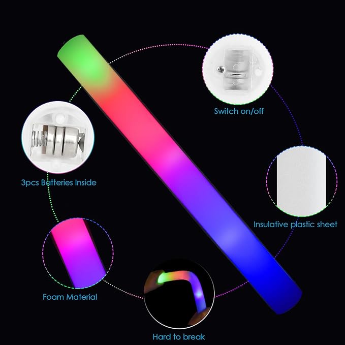 EXCECAR 45PCS Foam Glow Sticks, LED Light Up Foam Sticks with 3 Modes Flashin...