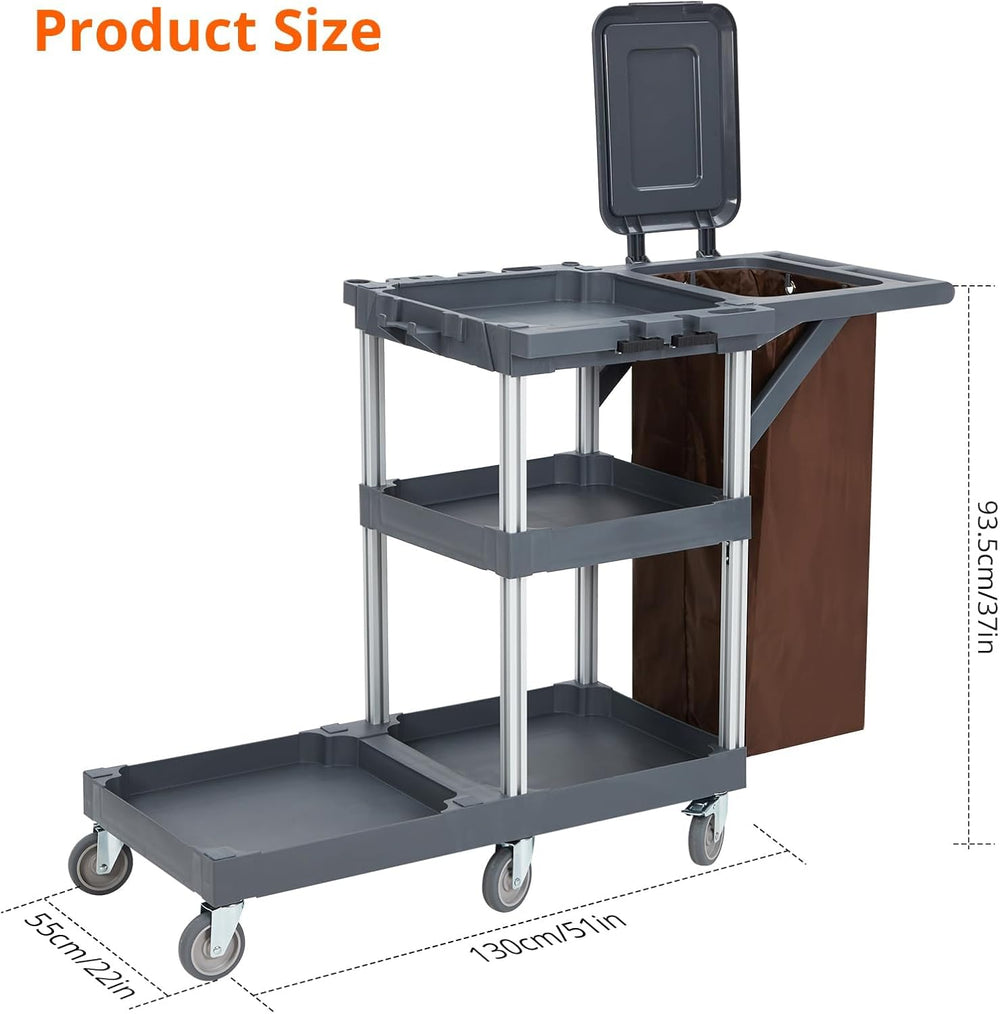 Commercial Janitorial Cart with Wheels, 3 Shelf Cleaning Trolley Cart with 16...