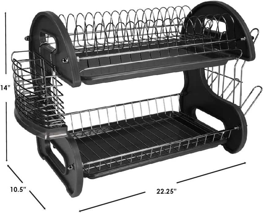 Home Basics Plastic 2-Tier Dish Drainer Rack, Air Drying and Organizing Dishe...