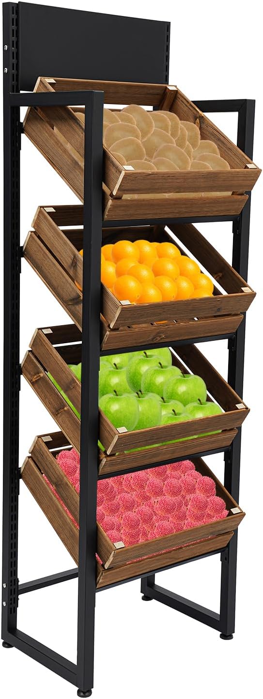 Market Retail Display Rack 4-Tier 52x35x160cm, with 4 Baskets, Wood & Iro...