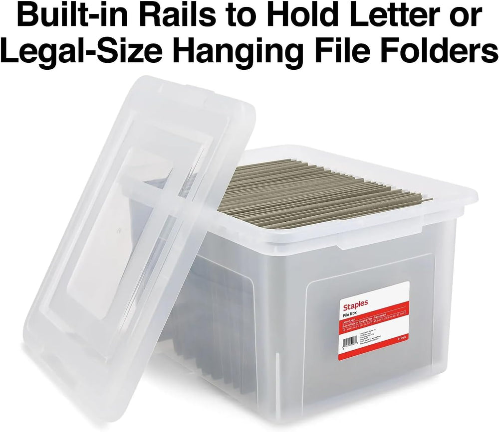 Staples Plastic File Box with Snap Lid, Letter/Legal Size, Clear, 4/Carton