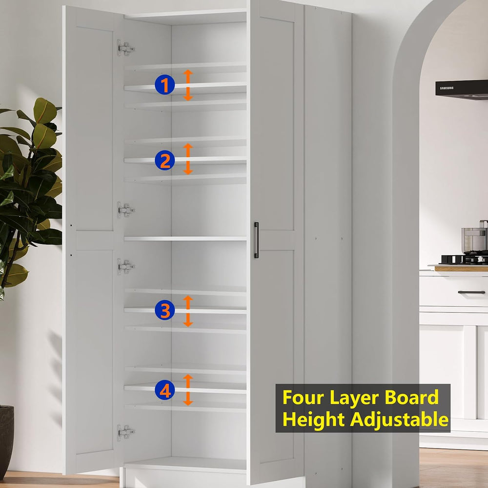 White Tall Kitchen Pantry Cabinet Organizers and Storage with Doors and Adjus...