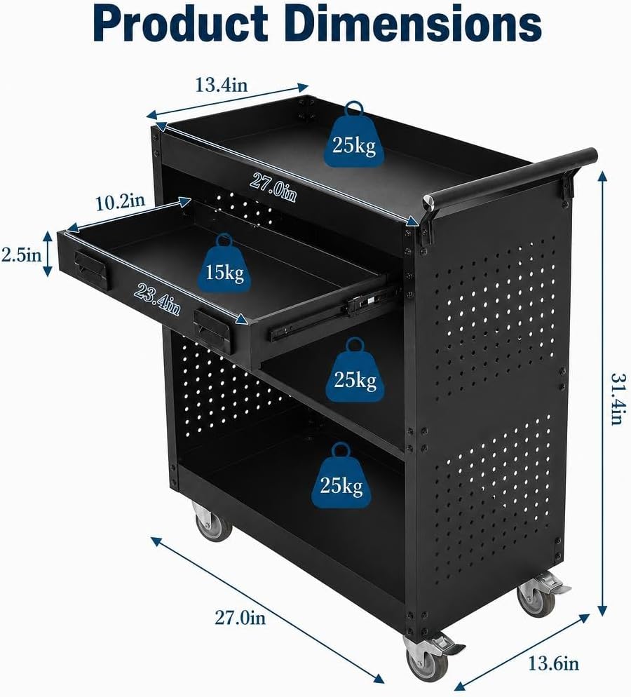 Garvee 27 Inch Rolling Tool Cart on Wheels, 3 Tier Steel Utility Tool Cabinet...