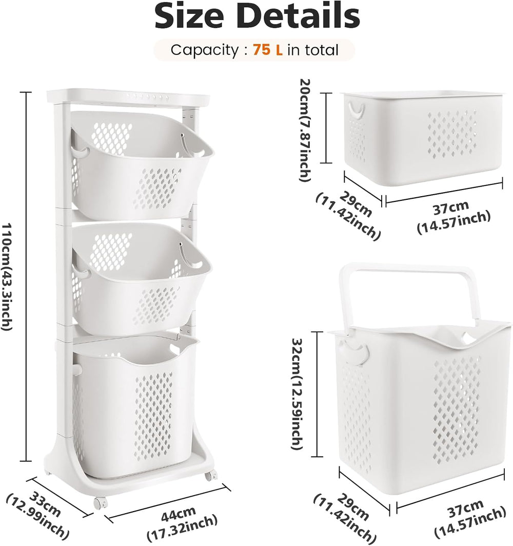 BAOKALER Rolling Laundry Hamper Cart with Wheels, 3 Tier Laundry Baskets