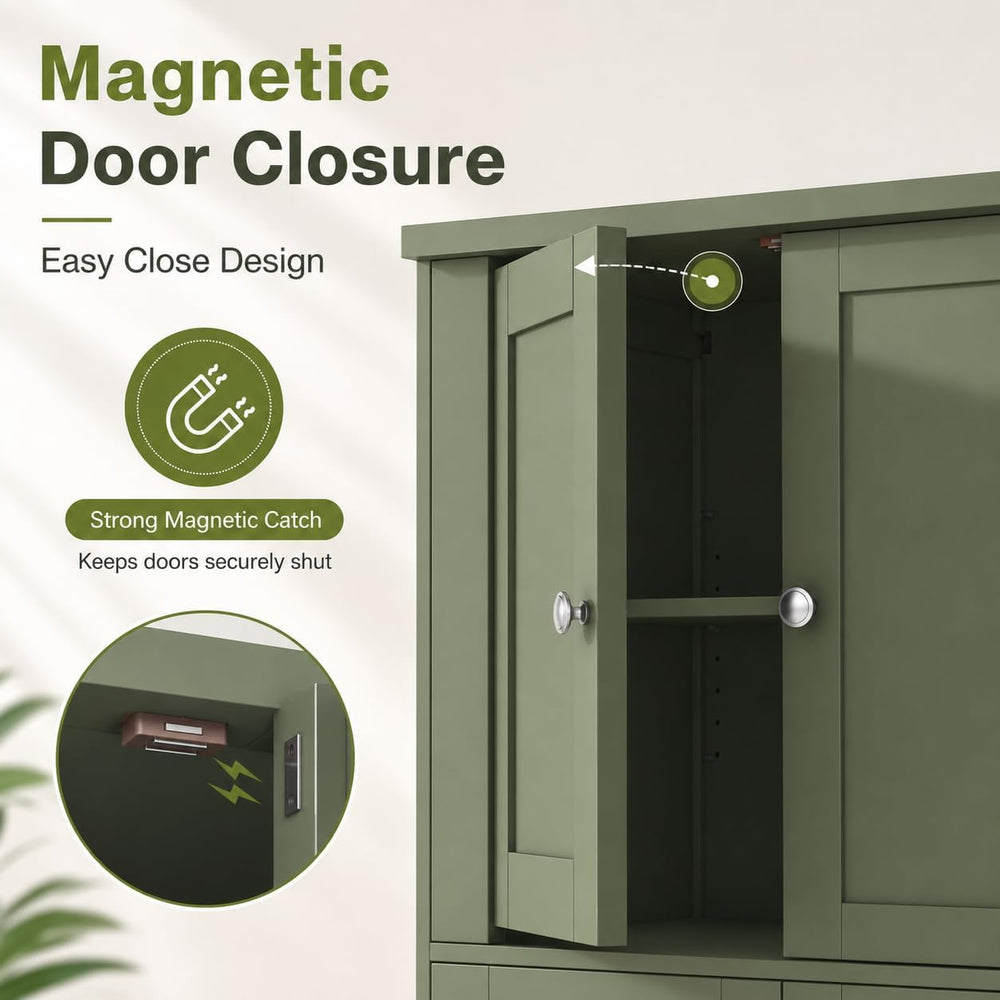 Nuturelly Bathroom Floor Storage Cabinet, 4 Doors, Anti-Tip, Pale Green