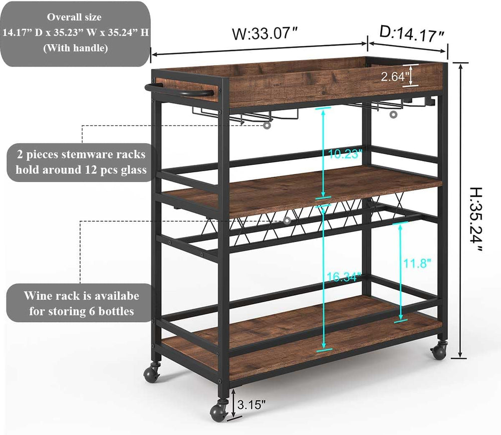 Rolling Bar Cart on Wheels for Home with Wine Rack, Glass Holder