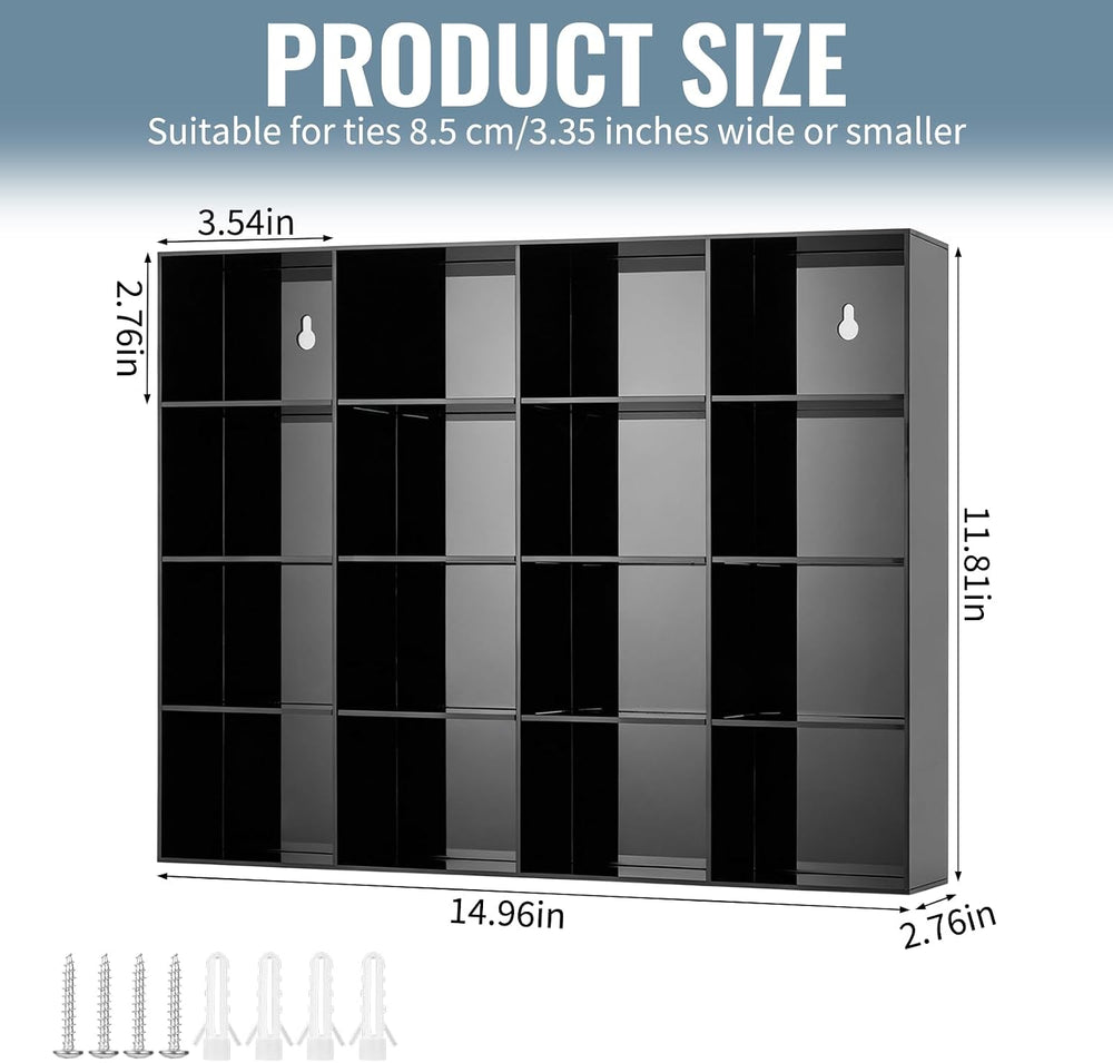 2 Pack Tie Box Organizer Wall Mounted Black Acrylic with 16 Compartments, Tie...